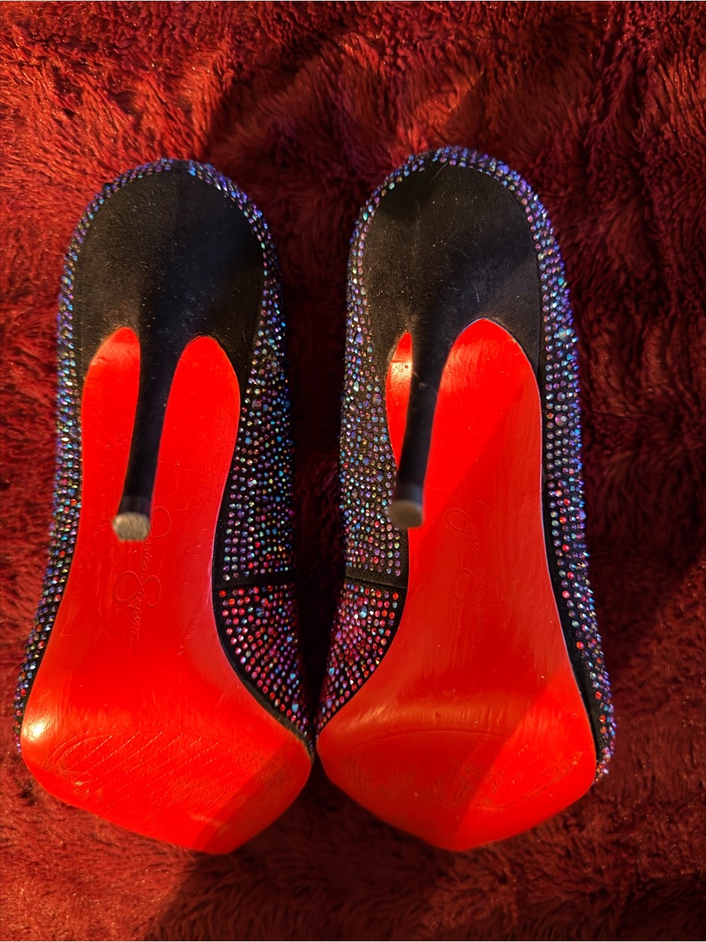 Jessica Simpson Red/Pink and Blue with Red Bottoms, Embellished Stiletto Heels - Picture 4 of 11